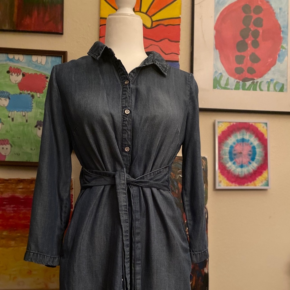 denim button up dress with tie medium